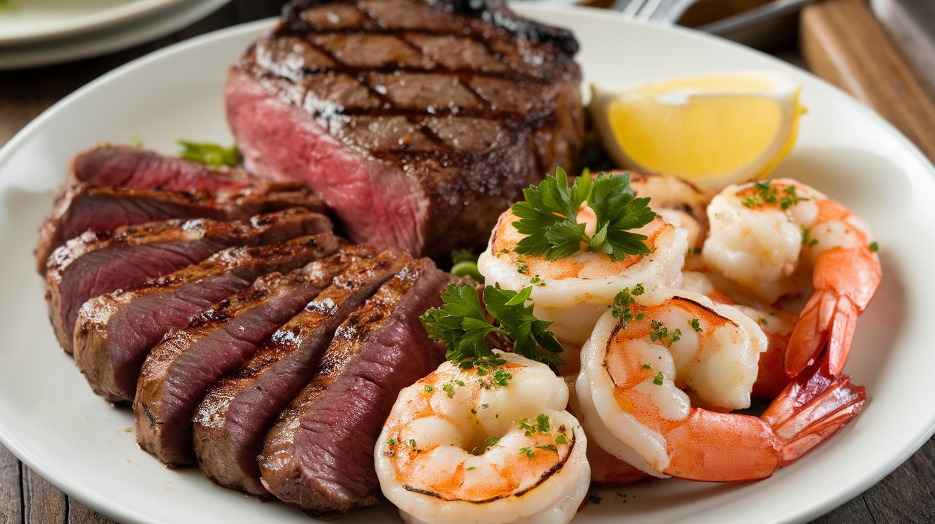 Grilled steak and garlic butter shrimp on a plate, garnished with parsley and lemon.